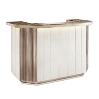 Marble console table, brown veined top, white ribbed body with brushed brass metal slats and geometric base.