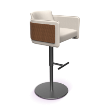 Bar stool, white cushioned seat, dark wood back panel, brushed silver metal stem, circular base, square armrests, studio product shot.