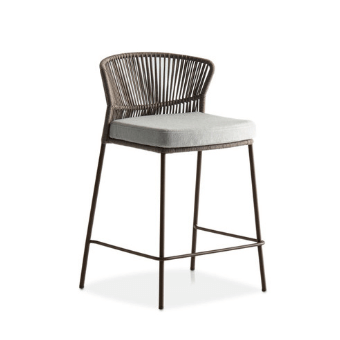 Bar stool, dark gray woven cord seat and back, dark brown metal frame, square light gray cushion, minimalist curved leg design.