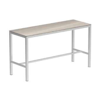Bar table, light gray stone tabletop, white metal frame with square legs and horizontal support bar, minimalist design.