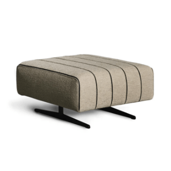 Beige channel-tufted bench with dark gray trim and angled black metal legs, shown in a studio setting against a white backdrop.