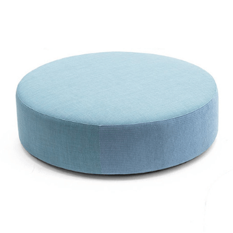 Velvet pouf, light blue, cylindrical shape with a flattened top, matte fabric texture, centered on a white background, soft shadows.