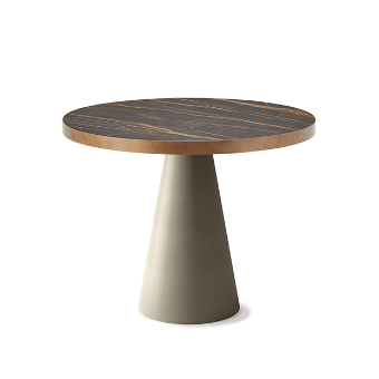Bistro table, wood and beige, round tabletop with wood grain, cylindrical base, minimalist design, studio lighting, neutral backdrop.