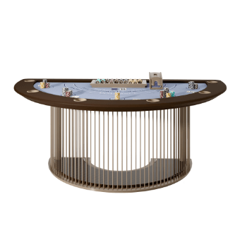 Blackjack table, dark brown felt, oval shape, with blue accents, modern cylindrical base, card shoe, and visible casino chips.