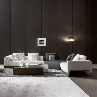 Harmonious Bonaldo Boolean sectional with textured white textile upholstery and dark veneered wood base