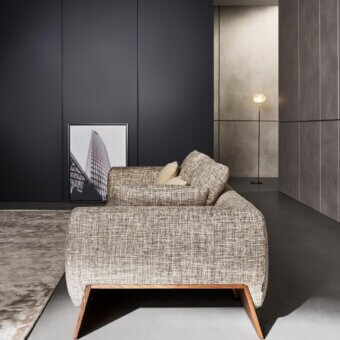 Elegant Bonaldo Boolean sofa with beige and brown textured fabric upholstery and veneered wood base