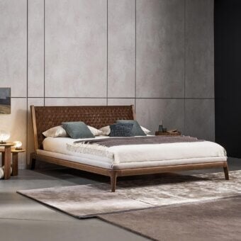 Meticulous Bonaldo Honeymoon bed with hand-woven full-grain brown leather headboard and solid wood frame in a smooth matte finish