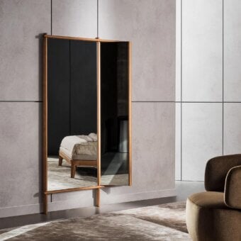 Exceptional Bonaldo Isola mirror with a moveable flag wing and warm medium-toned solid wood profiles