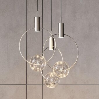 Distinguished Bonaldo Keshi suspension lamp with interconnected silver metal frames and clear glass globes containing tiny lights