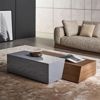 Harmonious Bonaldo Litos coffee table with veneered wood and lacquered gray volumes exhibiting a glossy finish