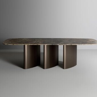 Captivating Bonaldo Louver table with a rounded rectangular ceramic top in dark browns, grays and beige with a bronze-colored matte metal base