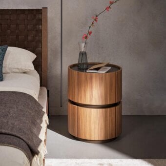 Sophisticated Bonaldo Moneypenny nightstand with curved Canaletto veneered wood and bronze matt lacquer finish