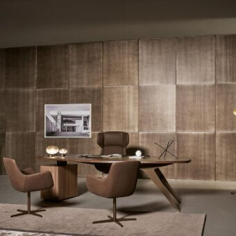 Exceptional Bonaldo Newton armchair with wide rounded shell in matte brown textile and dark brown metal swivel base