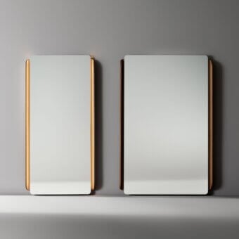 Distinguished Bonaldo Olos mirror crafted with a glossy bronze metallic frame and inwardly curved wood platform