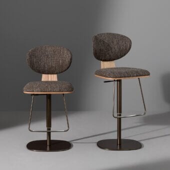 Exceptional Bonaldo Olos stool with dark brown textured textile upholstery and light veneered wood elements built with a bronze-finished metal base