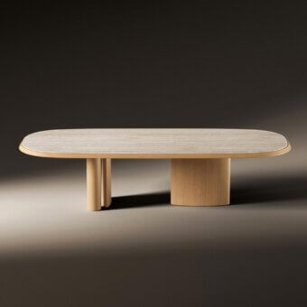 Distinguished Bonaldo Padiglioni table with light ceramic top and lacquered wood edge resting upon a dynamic metal base