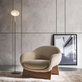 Distinctive Bonaldo Pepita floor lamp with silk glass lampshade and black metal stand in gold tone finish