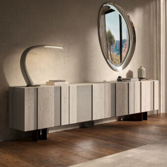 Distinguished Cattelan Italia Amsterdam sideboard with alternating vertical panels in textured light neutral ceramic and dark metallic legs