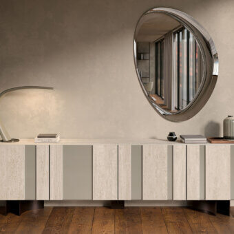 Exceptional Cattelan Italia Amsterdam sideboard with alternating vertical slats in light beige stone-like ceramic and smooth matte neutral grey panels
