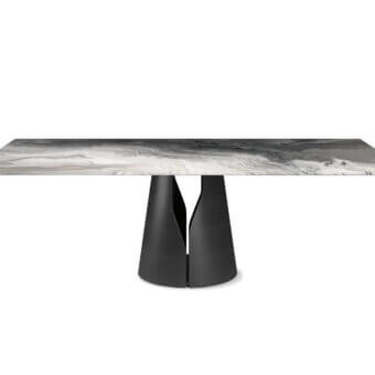 Superior Cattelan Italia Giano CrystalArt table with graphite embossed steel and beveled extra clear glass showcasing swirling gray shades
