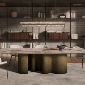 Harmonious Cattelan Italia Papel Keramik table with light beige and brown marbled ceramic and sculptural metal base in bronze-like finish