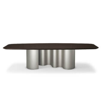 Elegant Cattelan Italia Papel Wood table with dark brown wooden tabletop and sinuous silver metal base