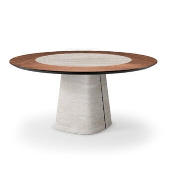 Cattelan Italia Rado Ker Wood table, dark brown wood veneer top, light grey stone inlay, conical pedestal base, contemporary design.