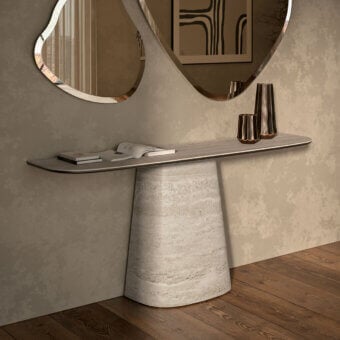 Cutting-edge Cattelan Italia Rado Keramik console with gracefully curved shapes and light gray, beige, off-white ceramic finish