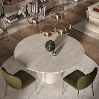 Distinguished Cattelan Italia Rado Keramik table with sculpted ceramic base and neutral tone ceramic top in matte finish