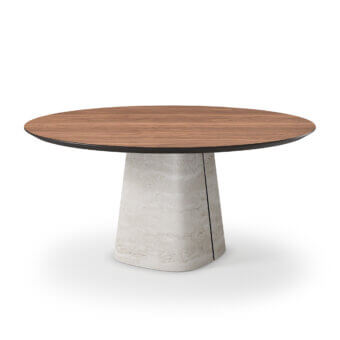 Cutting-edge Cattelan Italia Rado Wood round table with a warm brown wood top and textured matte stone-like ceramic base crafted in Italy