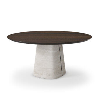 Distinguished Cattelan Italia Rado Wood round table with dark brown wood and a light porous matte stone base crafted with ceramic modelling
