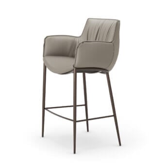 Cattelan Italia Rhonda stool, light gray leather upholstery, curved backrest, dark bronze metal legs, modern design, studio shot.