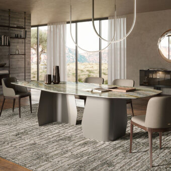 Captivating Cattelan Italia Senator Keramik table with veined green, beige, and brown ceramic top and light-gray pedestal bases, finished with a modern matte texture