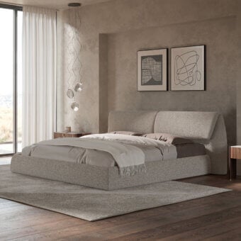 Sophisticated Cattelan Italia Simon bed with textured neutral gray upholstery and wide cushioned headboard creating a balanced design