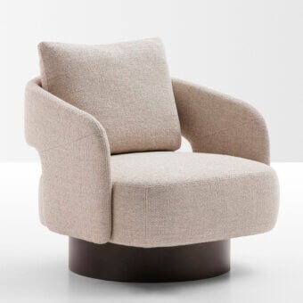 Superior Ditre Italia 356 lounge chair with textured beige woven fabric and dark-toned wood swivel base