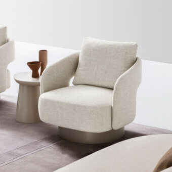 Exceptional Ditre Italia 356 lounge chair upholstered in textured light neutral beige fabric or eco-leather with enveloping form
