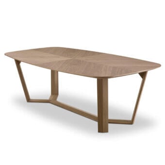 Innovative 4 Mariani Way table with rounded corners and angled base in medium-toned brown wood finish