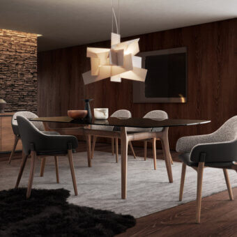 Distinctive 4 Mariani York table with dark glass top and light wood sculpted supports crafted in Italy