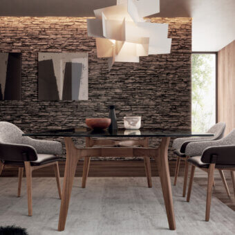 Superior 4 Mariani York table with rectangular dark glass top and sculpted medium-toned solid wood supporting arms
