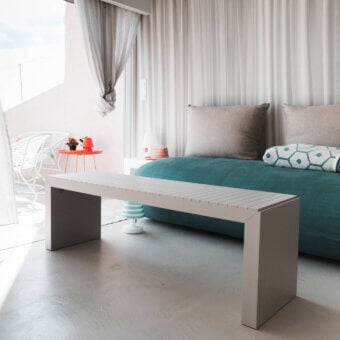 Exceptional Lago Soft bench in light gray unites lacquered wood and comfortable foam with a matte finish crafted in Italy