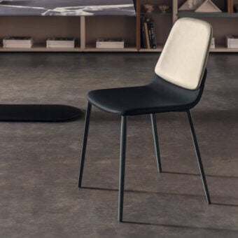 Exceptional Lago Ermes chair with sinuous metal structure, dark synthetic seat and light cream textile backrest in matte finish