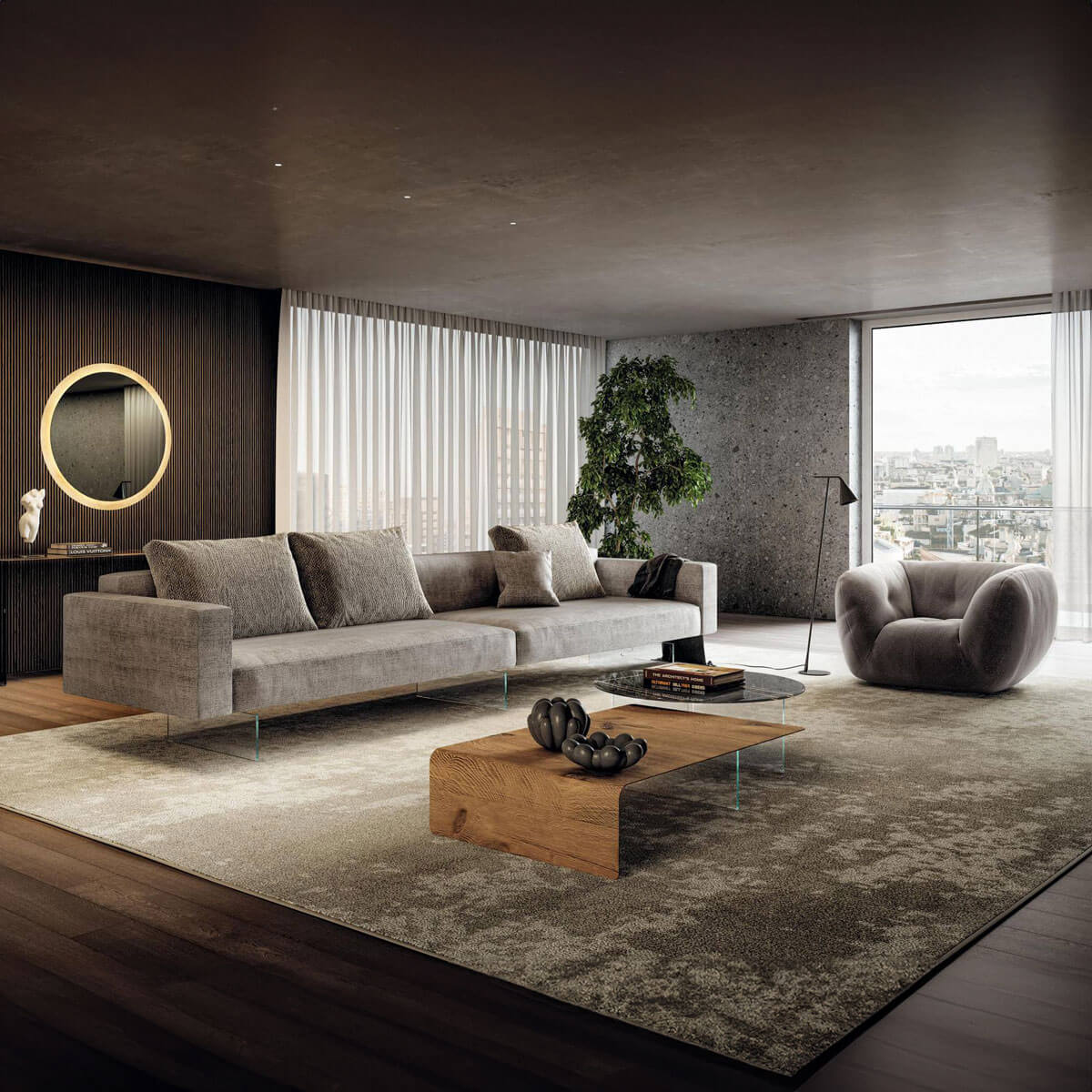 Modular sofa, light gray fabric, square cushions, with gray armchair, live-edge coffee table, and dark wood console in a modern living room.