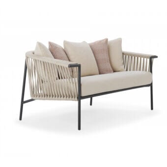 Elegant Roberti Rattan Corolle sofa woven with light beige Oval Trendyrope and powder-coated Aisi 304 stainless steel frame