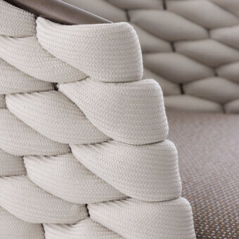 Lavish Rugiano Afrodite armchair with Italian outdoor bronze metal and artisanal beige soft rope detailing