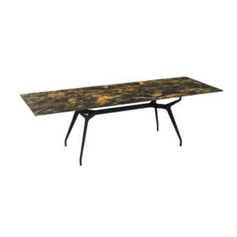 Distinctive Sovet Italia Arkos rectangular table with tempered glass in black and gold patterned finish and matte black lacquer aluminum legs