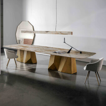 Exceptional Sovet Italia GranDeod MAXI table with glossy marble-patterned top and lacquered golden metal double base