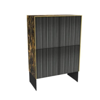 Sovet Italia kala cupboard, dark gray ribbed front, gold trim, black angular base, mottled brown and gold decorative panel.
