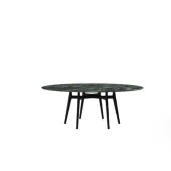 Leewood XXL dining table, green marble top, black metal legs, minimalist design, studio shot, glossy finish, circular shape.
