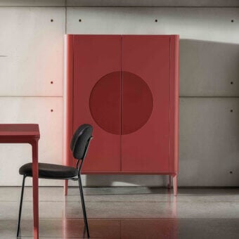 Distinguished Sovet Italia Madia Slim cupboard with lacquered aluminum structure and ring-shaped inserts in a reddish-brown finish