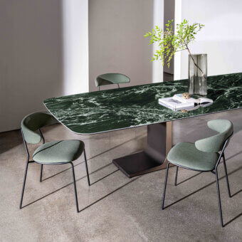 Elegant Sovet Italia Palace MAXI table with a two-piece dark green top and glossy finish built with a matte lacquered metal double base